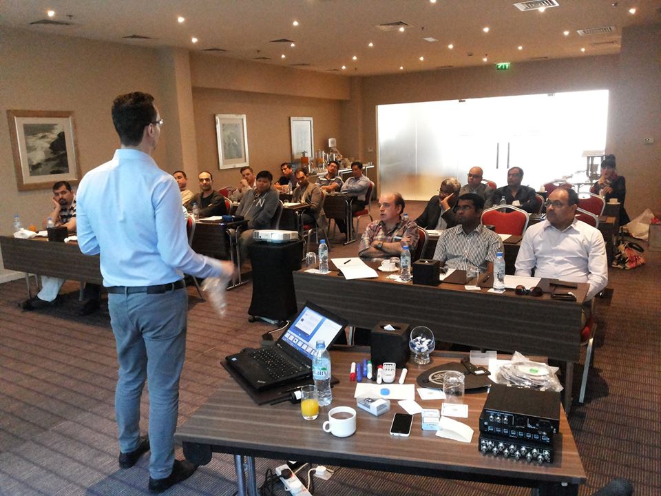 Sam leading a professional audio technical training session